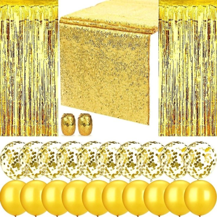 gold party supplies including balloons, streamers and decorations