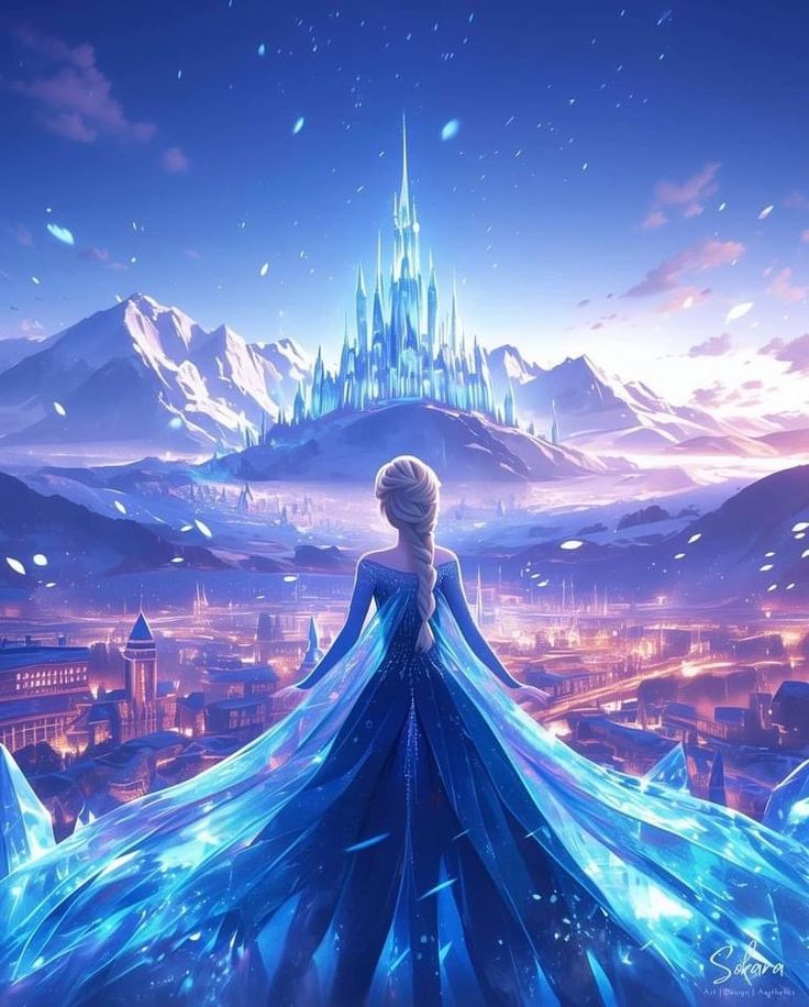 the frozen queen is standing in front of an icy mountain and looking at the city