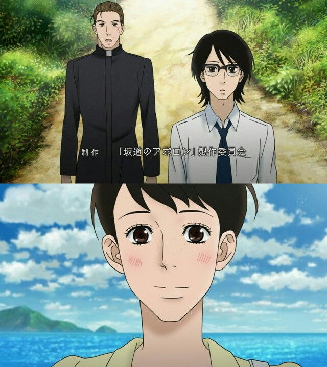 two anime characters, one with brown hair and the other with black hair in front of water