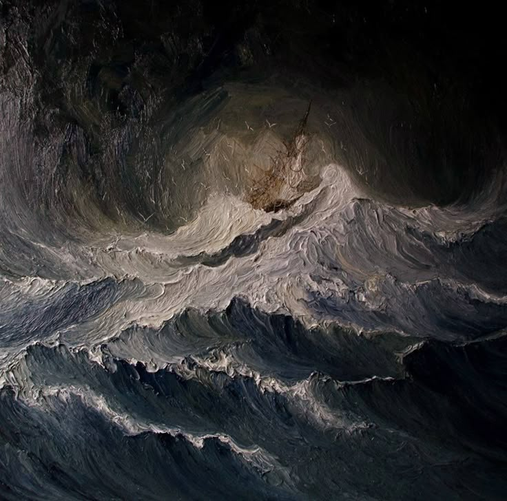 an abstract painting of waves in the ocean with dark colors and white paint on it