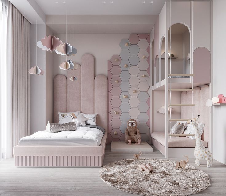 a child's bedroom decorated in pink and white with hexagonal wall panels