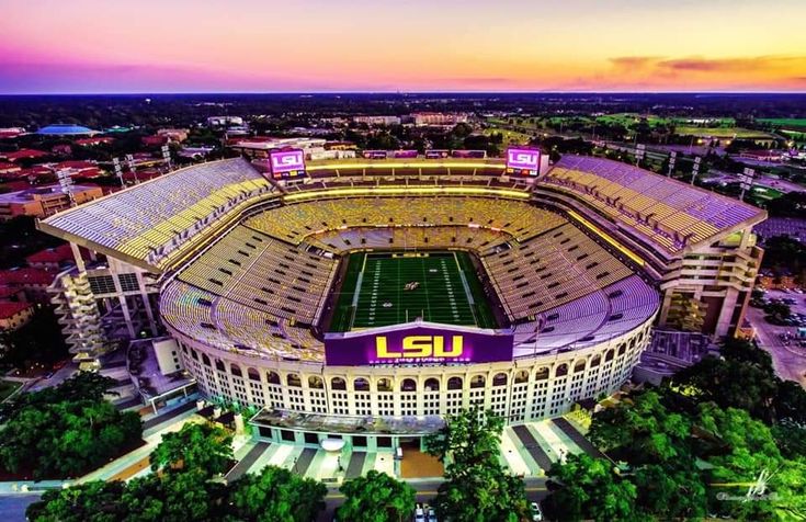 an aerial view of the lsu football stadium in baton, florida at sunset or dawn