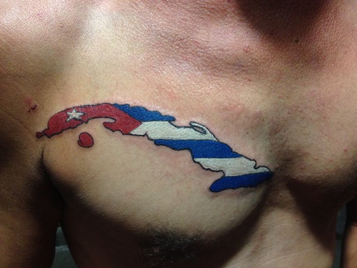 a man's chest with the flag of cuba painted on it and an american map