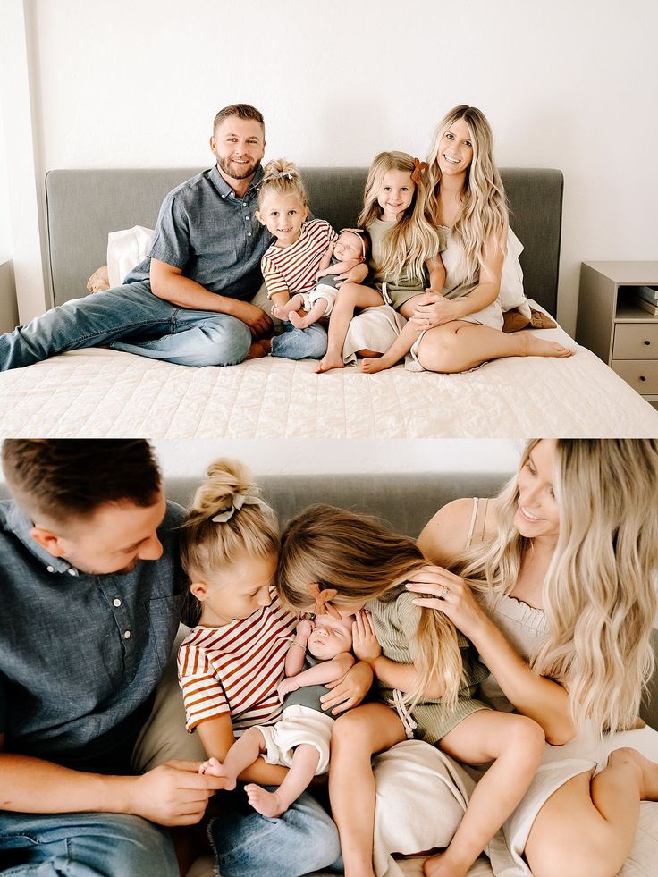 a family is sitting on the bed together