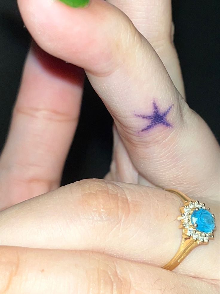 two fingers with tattoos on them, one has a star and the other has a blue ring