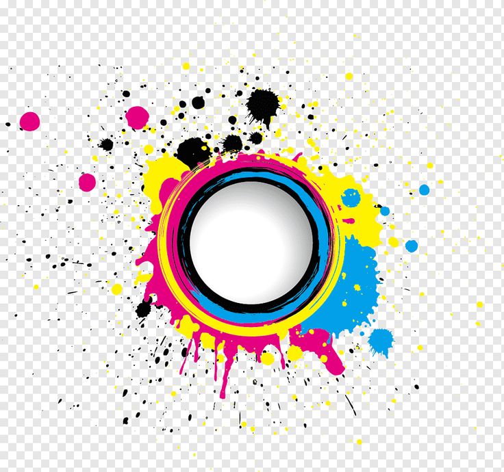 colorful paint splattered on a white background with a black circle in the center