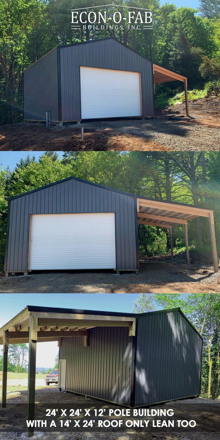 three different views of a metal building with two garages and one attached to the roof