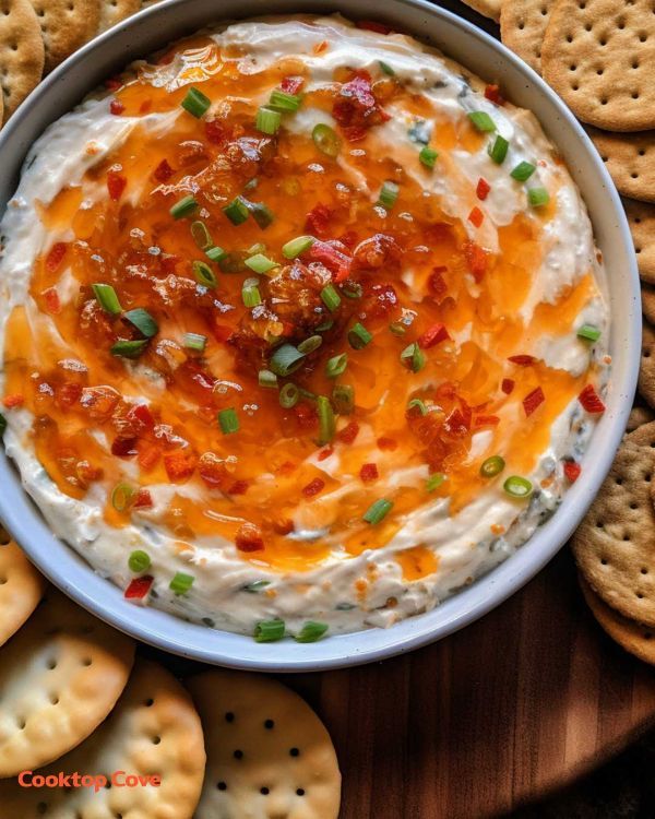 a bowl of dip with crackers on the side