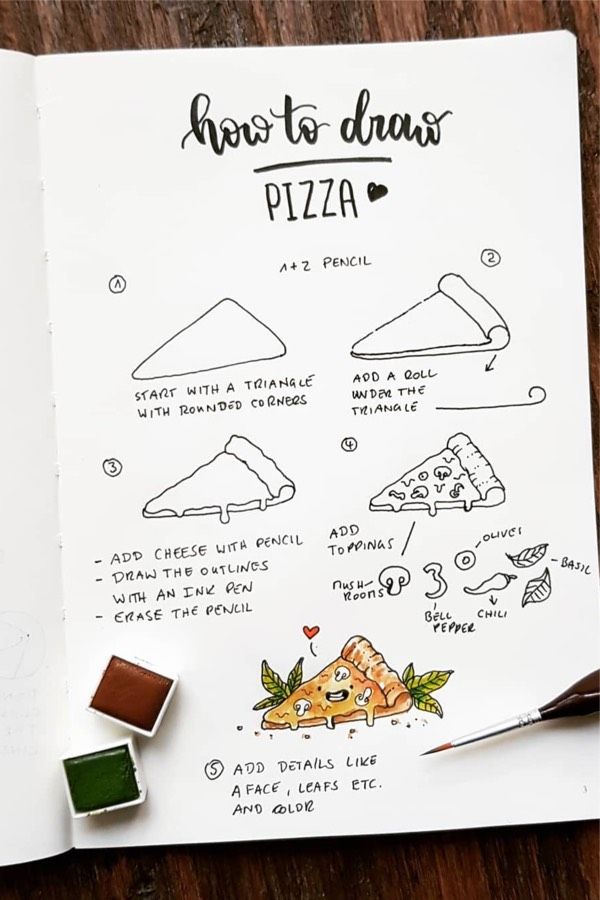 an open notebook with instructions for how to draw pizza on it and some wax cubes next to it