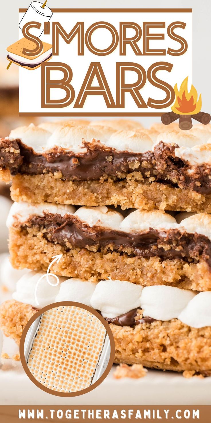 an advertisement for smores bars with chocolate frosting and marshmallows on top