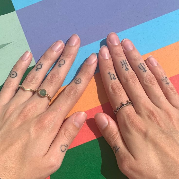 two hands with tattoos on their fingers, one holding the other's hand and the other