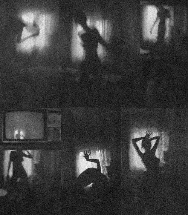 black and white images of people dancing in front of televisions with lights on them