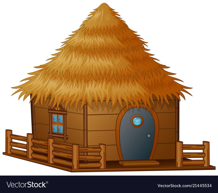 a hut with a thatch roof and wooden stairs on a white background, it is isolated from the ground