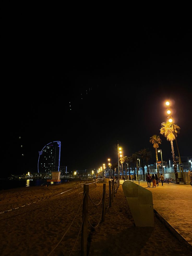 people walking on the beach at night with palm trees and ferris wheel in the background