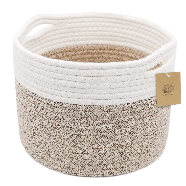 PRICES MAY VARY. ♛Small cotton basket:pure natural cotton,hand-woven, thick cotton rope, high-quality cotton rope basket is very soft and comfortable, chemical-free, skin-friendly，Small basket Fits on baby room. ♛Cute stitching design:The small round woven basket with pure white cotton on the upper part,and brown&linen mixed color on the lower part. It looks beautiful,warm and comfortable in anywhere. It's a nice decoration ♛Handle Basket: Upgraded with two cute handles, the multi-needle woven b Nursery Supplies, Cotton Rope Basket, Small Storage Basket, Shelf Baskets Storage, Nursery Shelves, Basket With Handle, Nursery Storage, Basket Shelves, Rope Basket