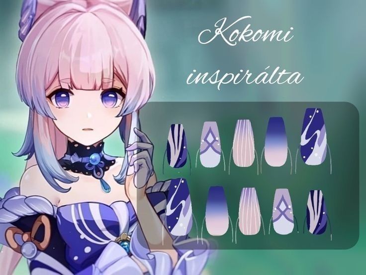 Kokomi Nails, Genshin Nails, Genshin Kokomi, Anime Nail, Crazy Nail Designs, Fake Nails Designs, Nail Drawing, Cute Simple Nails, Anime Nails