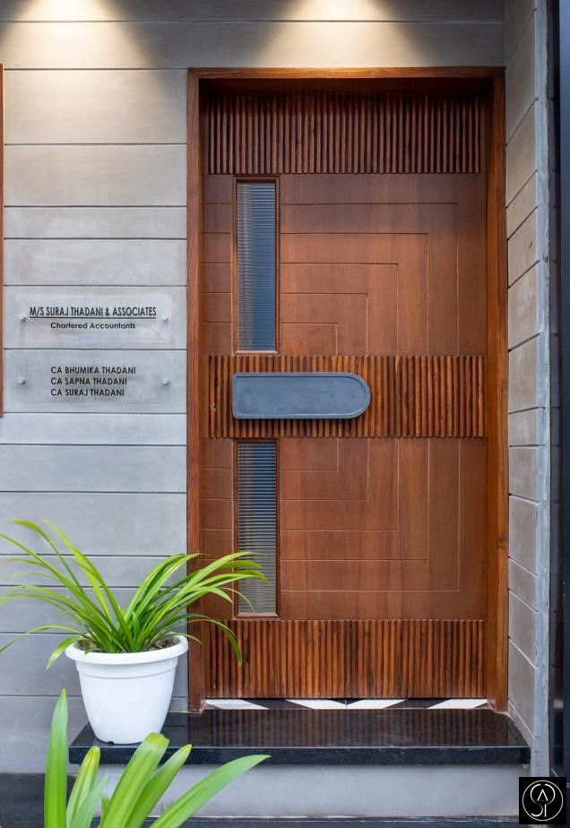 a plant is sitting in front of a wooden door with glass panels on the side