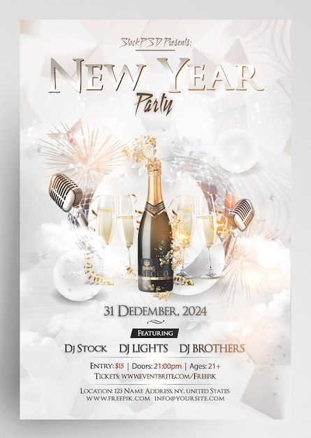 a new year party flyer with champagne glasses and confetti on the side,