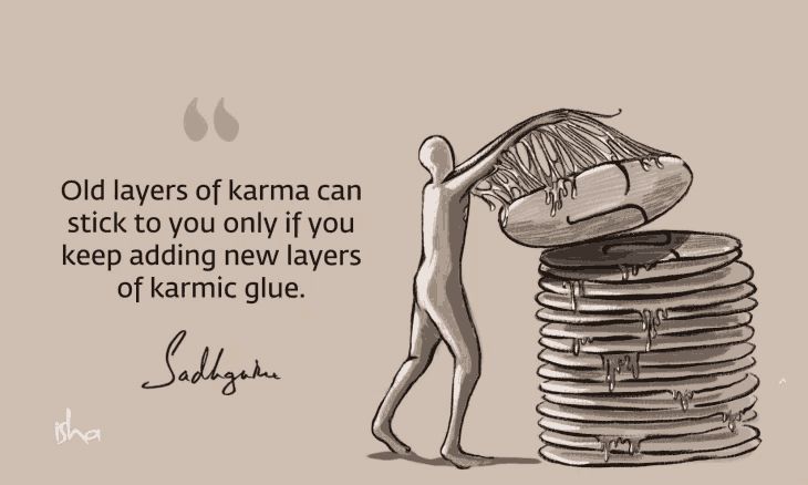 a drawing of a person standing next to stacks of pancakes with the caption old layers of karma can stick to you only if you keep adding new layers of karmi glue