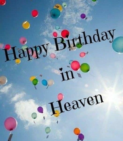 the words happy birthday in heaven are surrounded by balloons flying through the air on a sunny day