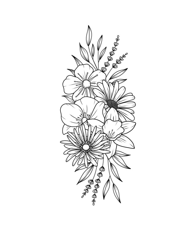 black and white drawing of flowers with leaves on the bottom half of their petals are drawn by hand