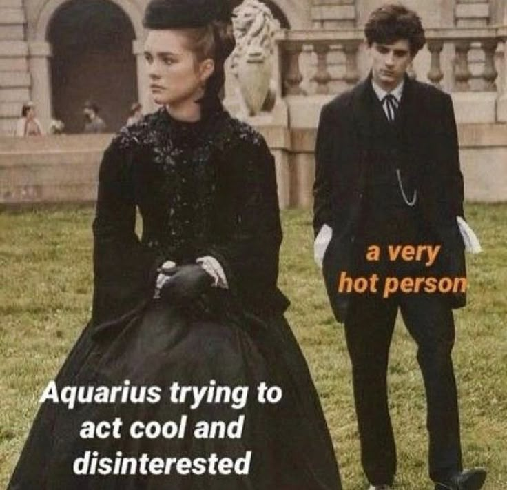 a man and woman in formal wear standing next to each other on the grass with an ad for aquarius trying to act cool and disinterested