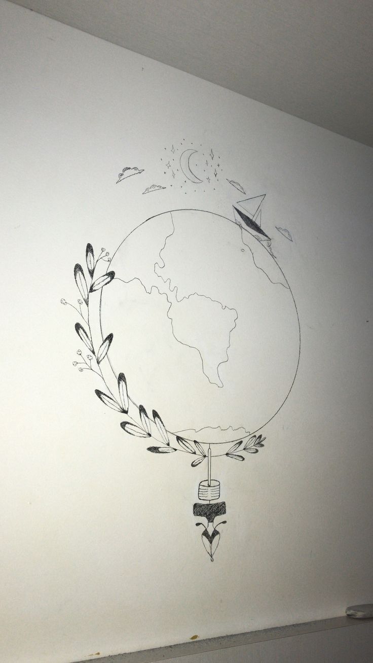 a drawing on the wall of a room with a clock hanging from it's side