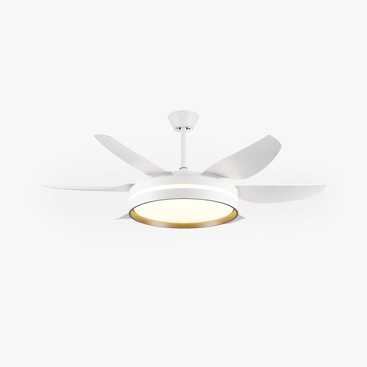 a white ceiling fan with a light on it's side and two blades hanging from the ceiling