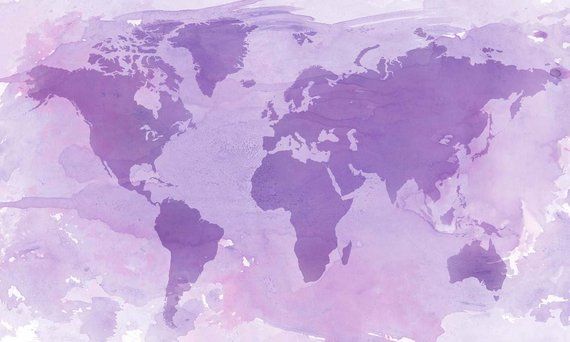 a purple and white world map is shown in the middle of an abstract painting style