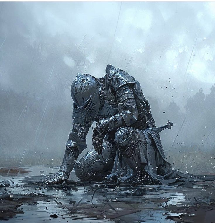 a knight kneeling down in the water with his arm around another knight's knee