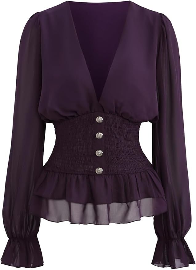 Amazon.com: ROSE GAL Rosegal Victorian Blouse Gothic Steampunk Corset blouse Vintage Long Sleeves Lotus Ruffle Top Elegant Dressy Blouse Women Medieval Renaissance Pirate Shirt(Purple_1/L) : Clothing, Shoes & Jewelry Purple Top Outfit, Victorian Sleeves, Oc Lore, Medieval Shirt, Outfits For Ocs, Pirate Shirt, Oc Clothes, Corsets Vintage, Victorian Blouse