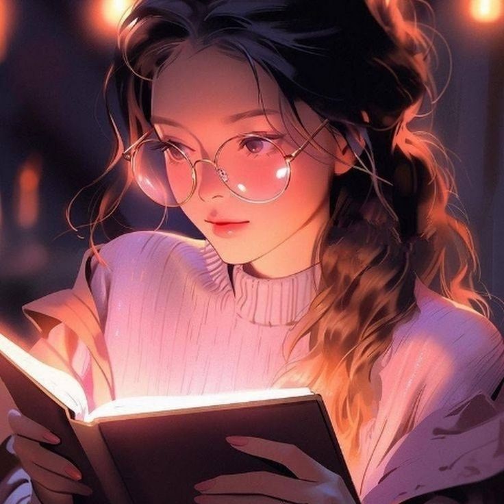 a girl with glasses reading a book in front of some lights and looking at the camera