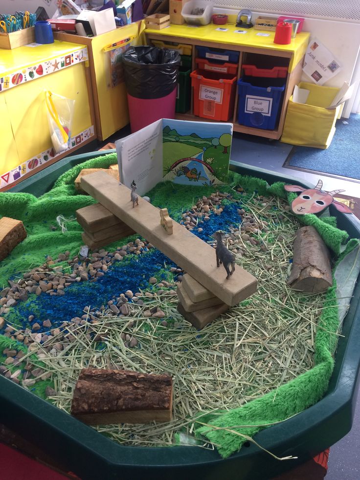 a play area in a classroom with toys and books on the table, including an animal bridge