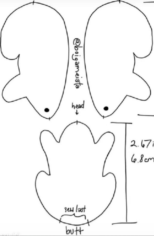 paper cut out of the shape of an animal's head and tail, with measurements for