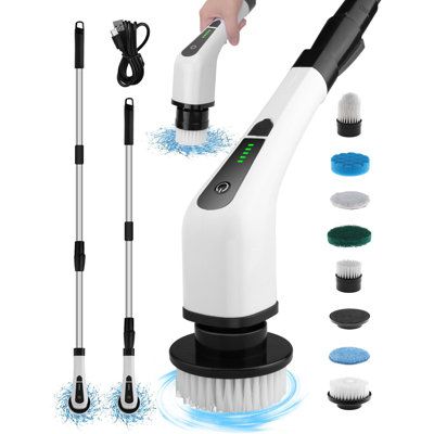 a person is using a brush to clean the floor with blue and white items around it