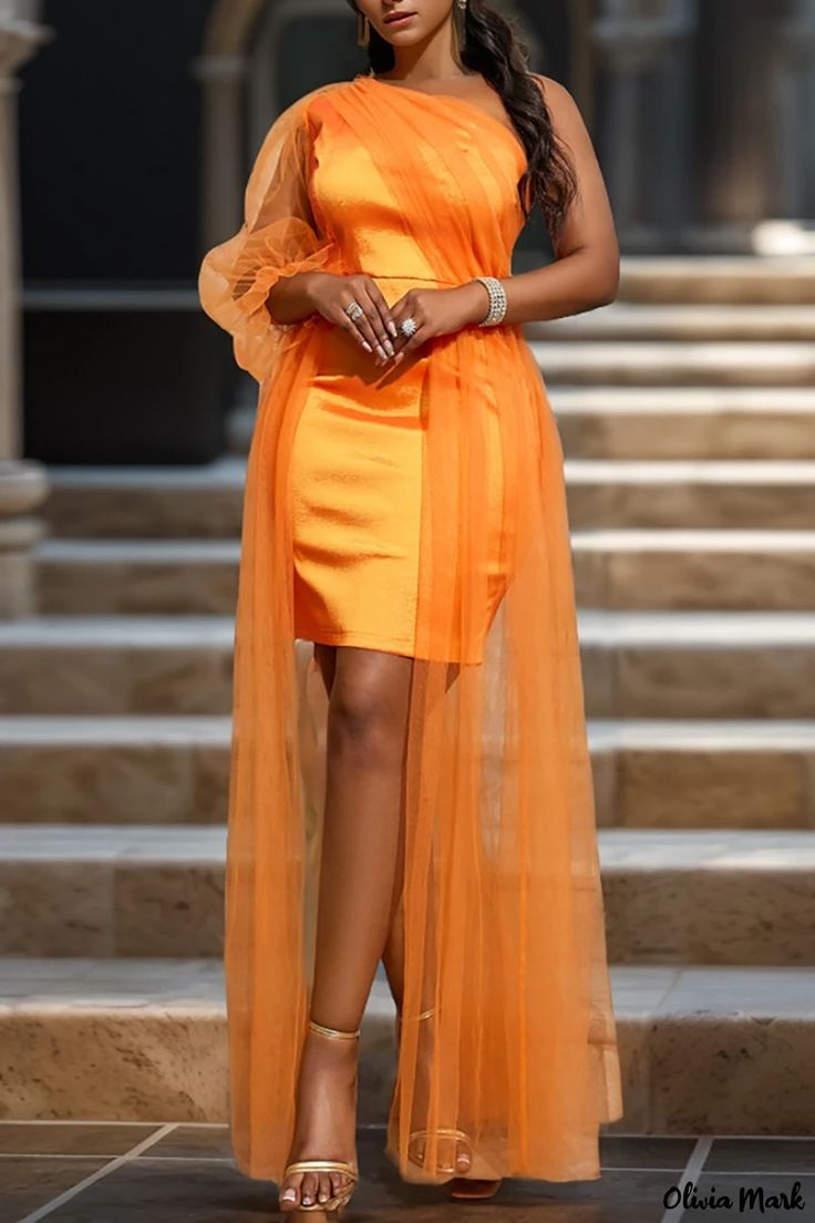 Olivia Mark - Elegant Cocktail Formal Dress with Unique Patchwork Design and Stylish Oblique Collar 40th Birthday Dress, Chic Formal Dress, Orange Cocktail Dress, Stylish Formal Dresses, Orange Cocktail Dresses, Orange Cocktail, Best Party Dresses, Wrapped Skirt, African Fabric Dress