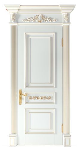 an open white door with gold trimmings on the front and side paneling