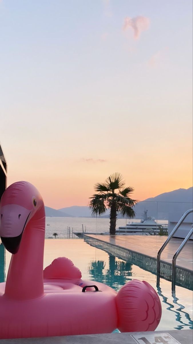 an inflatable pink flamingo float sitting next to a swimming pool at sunset