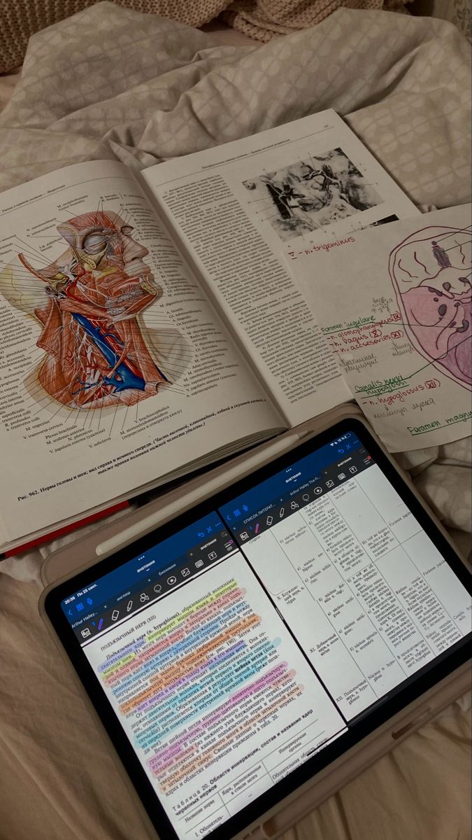 an open book sitting on top of a bed next to a laptop computer and tablet