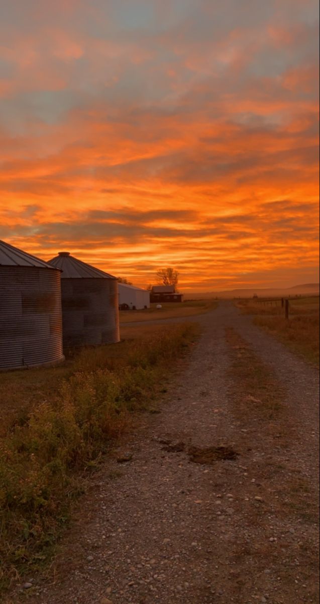 a dirt road leading to two silos at sunset