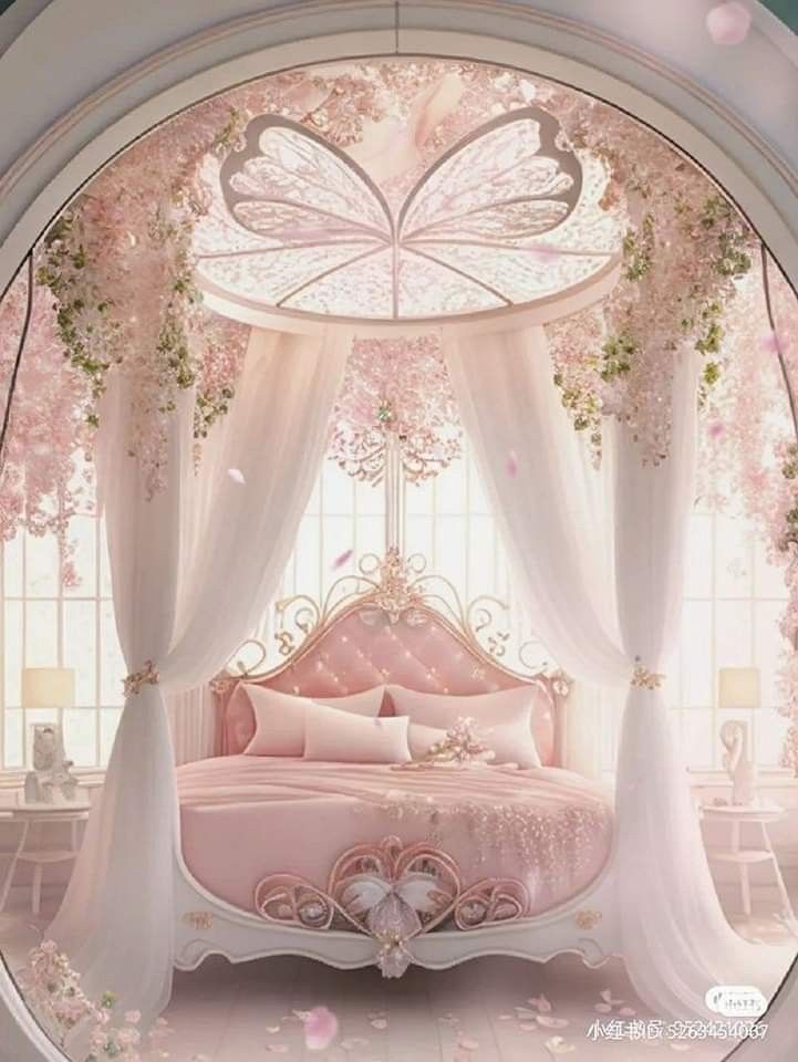 a pink bed sitting under a window next to a white canopy over a bed covered in flowers