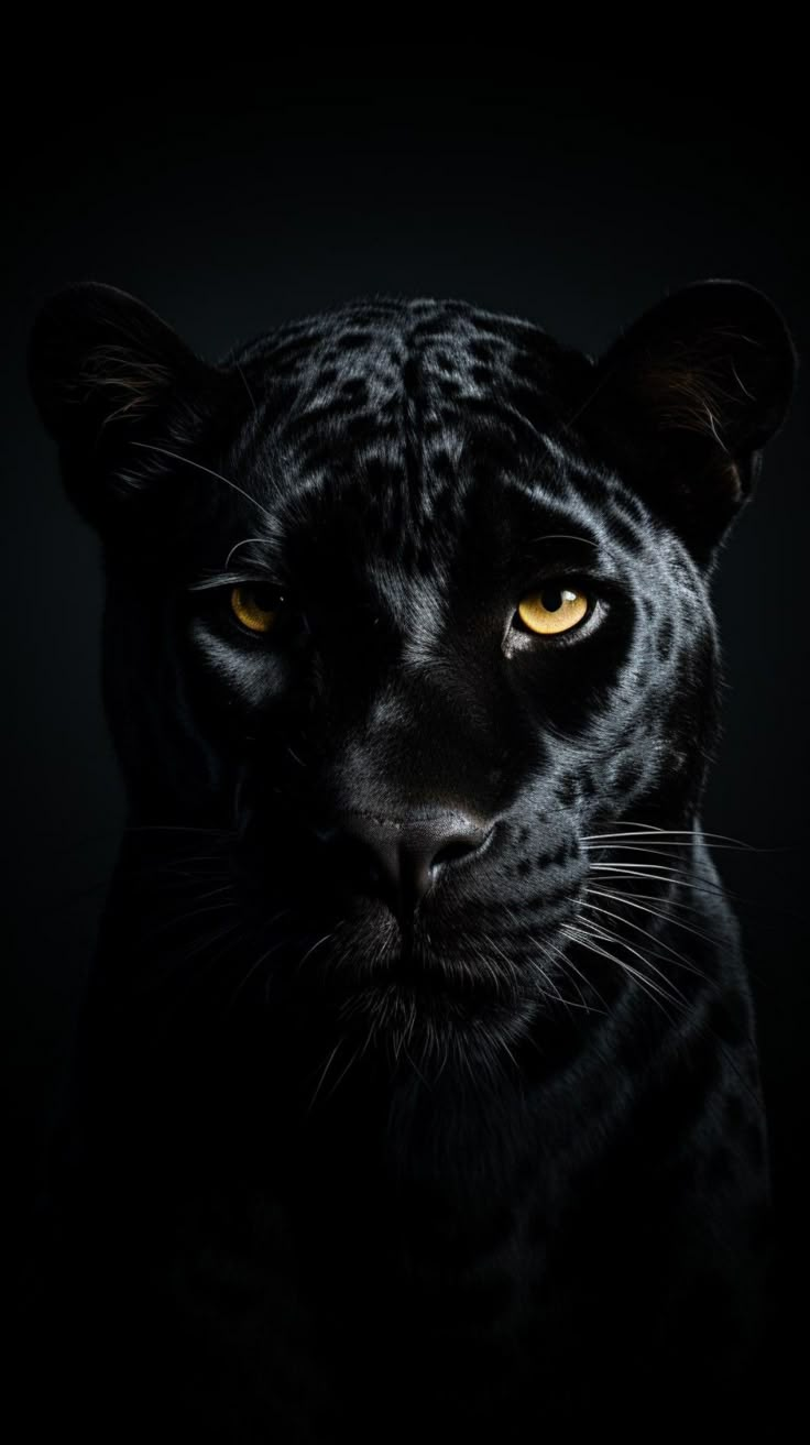 a black leopard with yellow eyes is shown in the dark, looking at the camera