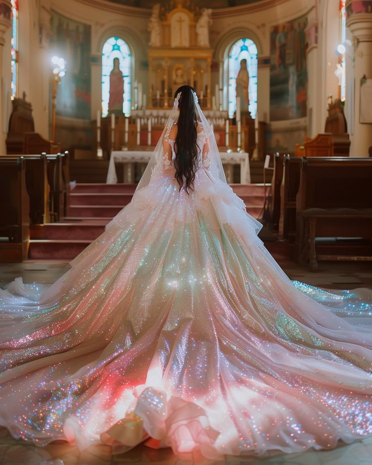 a woman in a wedding dress standing at the alter with her back to the camera