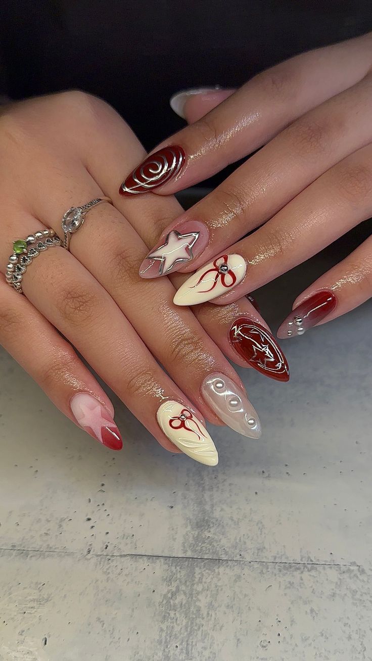 Nails For A Pink Hoco Dress, Nail Designs For Red Nails, Easy Simple Nails Design, Soft Almond Nails Designs, Fall Nails Coquette, Almond Nails Designs November, Halloween Nails Charms, Simple Fall Nails Almond Shape, Crimson And Cream Nails