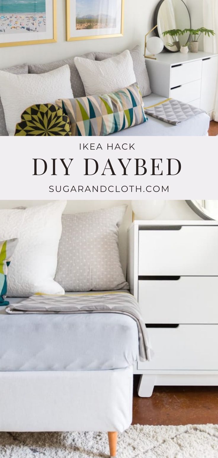 a bed with pillows and pictures above it that says ike hack diy daybed