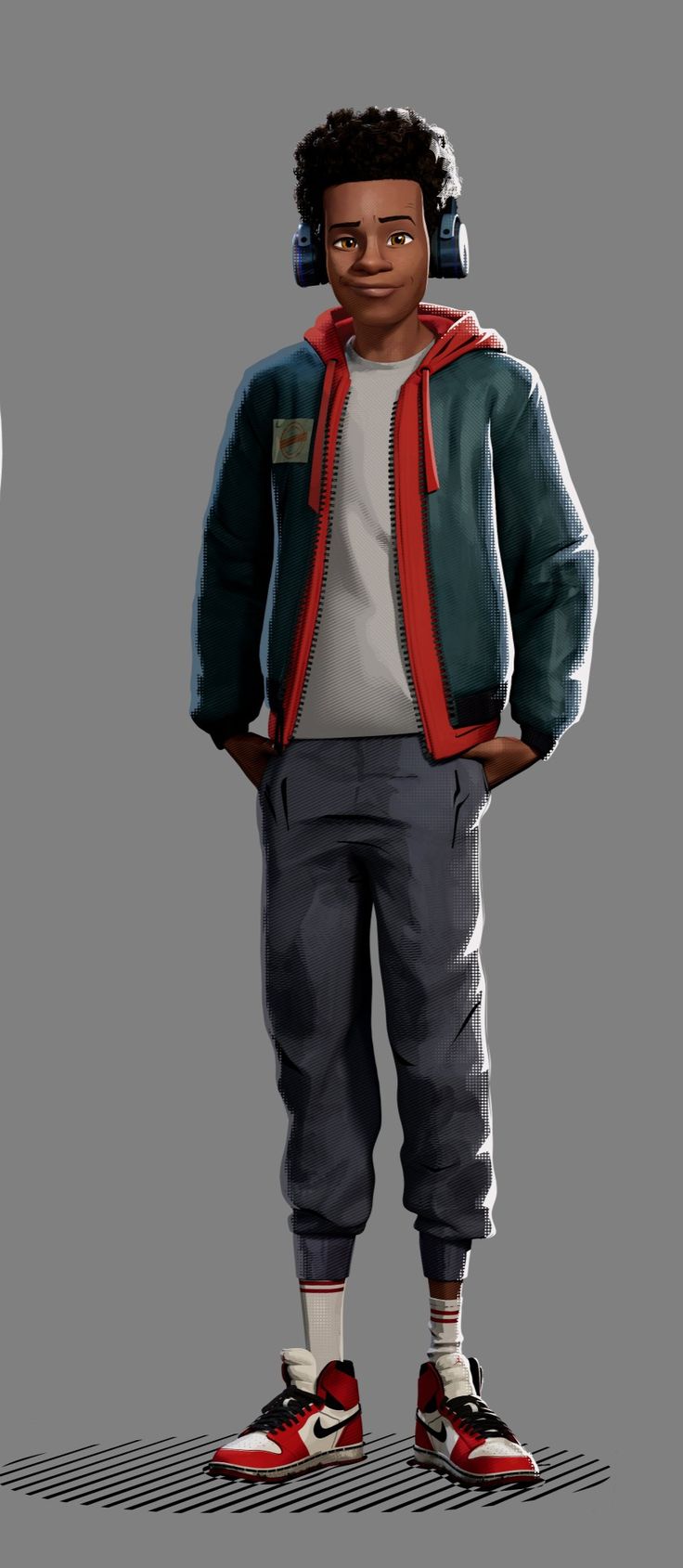 a man with headphones standing in front of a gray background wearing sweatpants and a hoodie