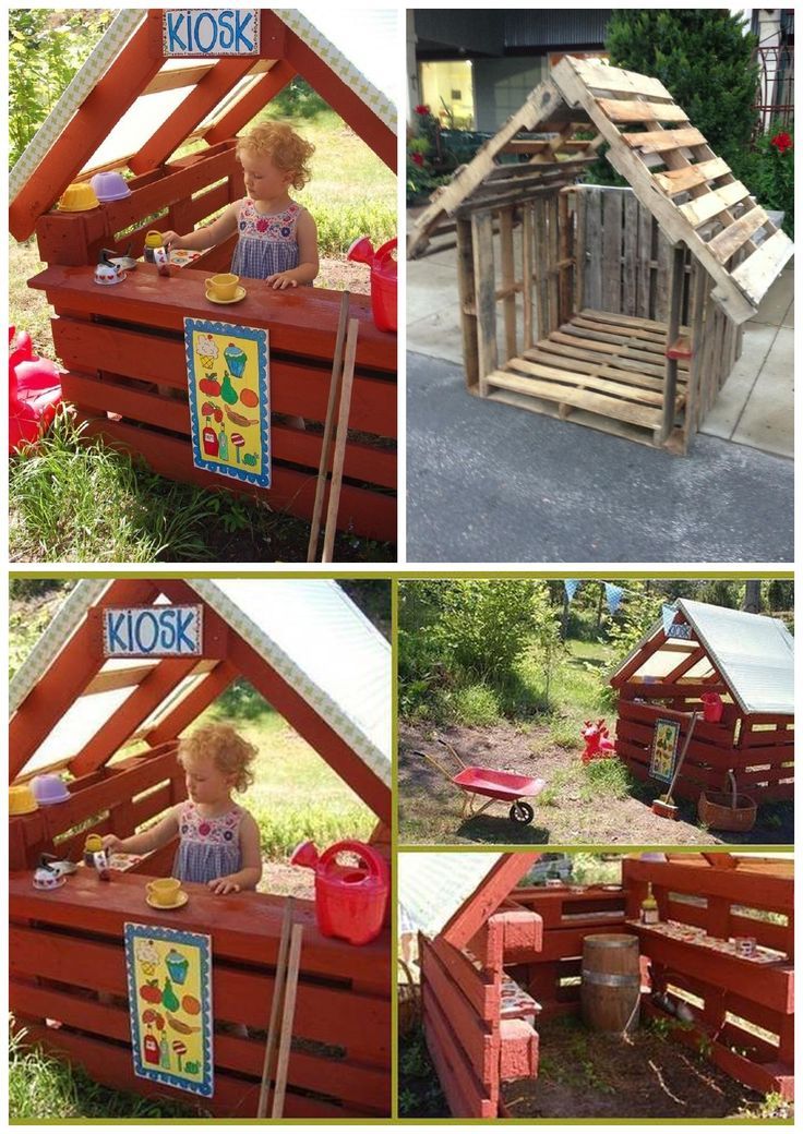 several pictures of a child playing in a wooden play house made out of pallets