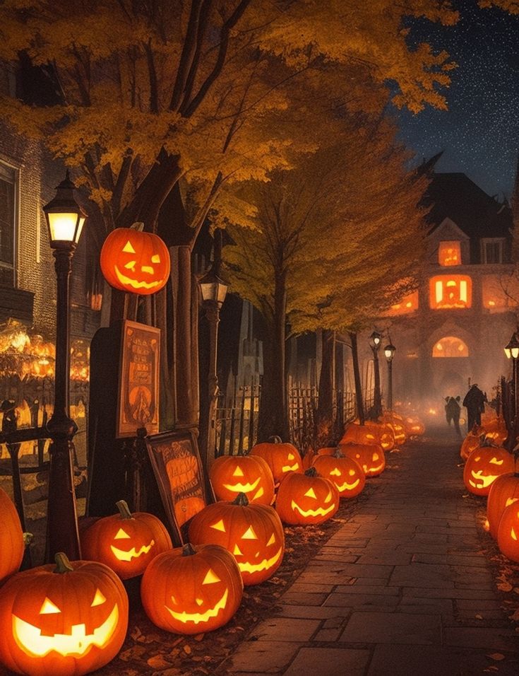 many carved pumpkins are lined up on the street