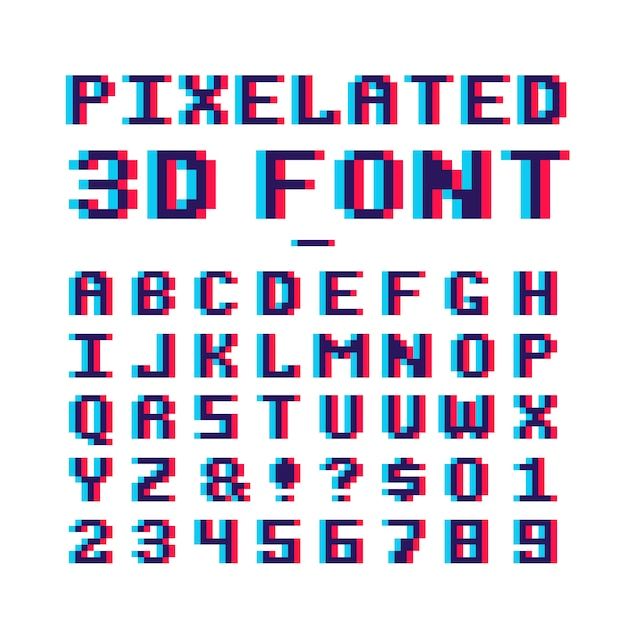 pixelated 3d font and numbers on white background with clipping out the upper letters