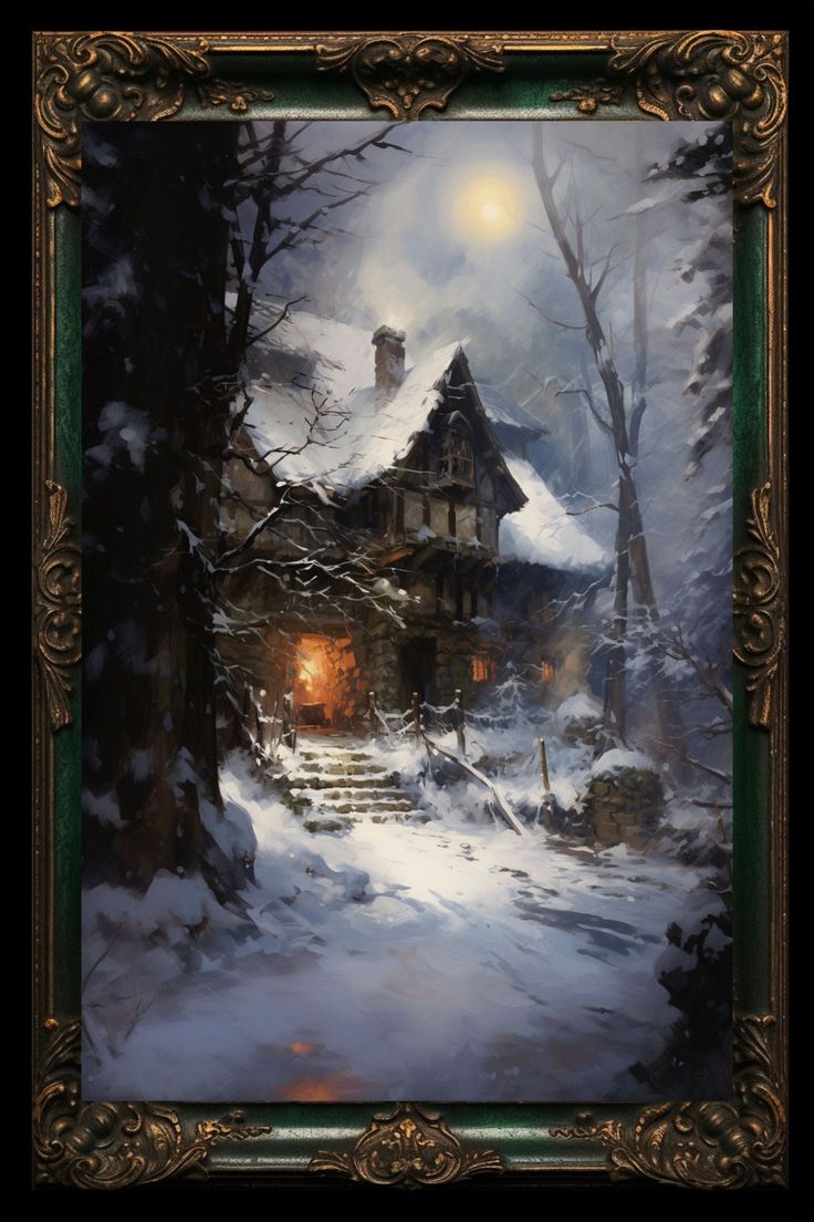 a painting of a house in the woods with snow on the ground and trees around it